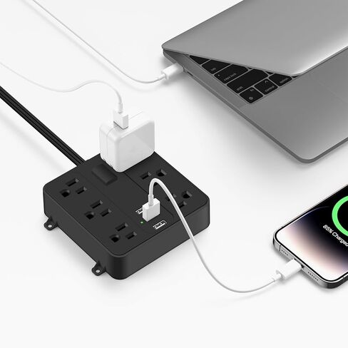 Flat Plug Power Strip- 6 Widely Outlets and 3 USB Charging Ports, 6ft Extension Cord with Multi Plug Outlet Extender,Wall Mount, Desk USB Charging Station for Home Office Dorm Room Essentials in Saudi Arabia