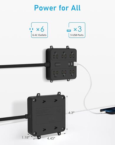 Flat Plug Power Strip- 6 Widely Outlets and 3 USB Charging Ports, 6ft Extension Cord with Multi Plug Outlet Extender,Wall Mount, Desk USB Charging Station for Home Office Dorm Room Essentials in Saudi Arabia