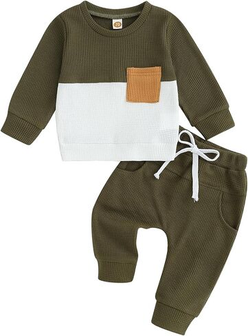 Baby Boy Clothes Fall Winter Waffle Knit Contrast Color Sweatshirt Tops Casual Pants Set Toddler 2Pcs Outfit in Saudi Arabia