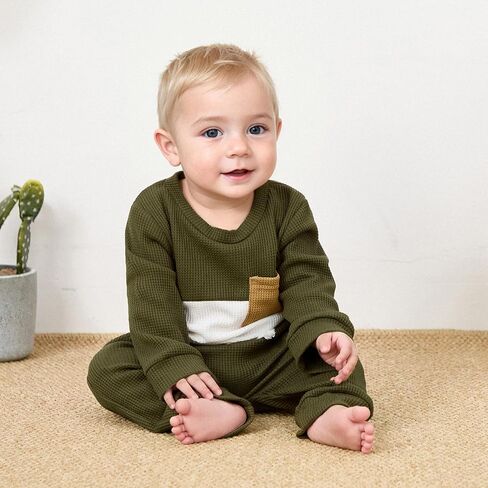 Baby Boy Clothes Fall Winter Waffle Knit Contrast Color Sweatshirt Tops Casual Pants Set Toddler 2Pcs Outfit in Saudi Arabia