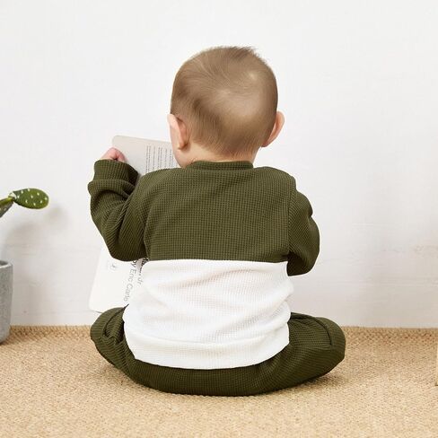 Baby Boy Clothes Fall Winter Waffle Knit Contrast Color Sweatshirt Tops Casual Pants Set Toddler 2Pcs Outfit in Saudi Arabia