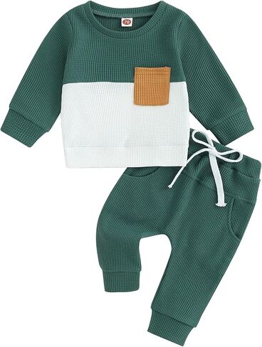 Baby Boy Clothes Fall Winter Waffle Knit Contrast Color Sweatshirt Tops Casual Pants Set Toddler 2Pcs Outfit in Saudi Arabia