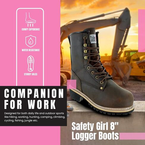Women's Logger Boots - 11.5M | Construction Boots for Women with Soft Toe, Water-Resistant Full-Grain Leather, Cushioned Insole, Goodyear Welt Outsole | 8" Logger Work Boots - Dark Brown in Saudi Arabia