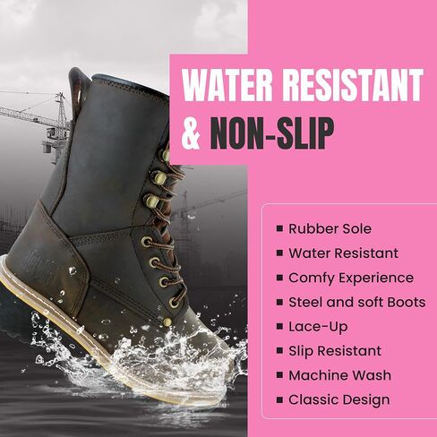Women's Logger Boots - 11.5M | Construction Boots for Women with Soft Toe, Water-Resistant Full-Grain Leather, Cushioned Insole, Goodyear Welt Outsole | 8" Logger Work Boots - Dark Brown in Saudi Arabia