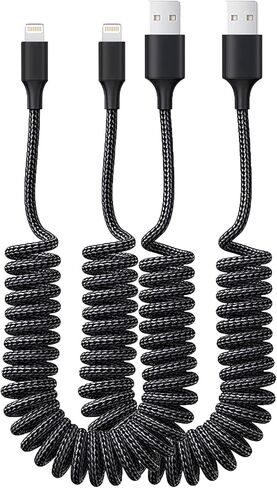 كابل لايتنينج ملفوف، كابل شاحن iPhone 3.FT للسيارة، سلك لايتنينج بطول 3 أقدام متوافق مع iPhone14/13/12/11 Pro Max/XS MAX/XR/XS/X/8/7/Plus/6S iPad/iPod - عبوتان in Kuwait