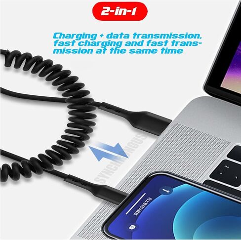 كابل لايتنينج ملفوف، كابل شاحن iPhone 3.FT للسيارة، سلك لايتنينج بطول 3 أقدام متوافق مع iPhone14/13/12/11 Pro Max/XS MAX/XR/XS/X/8/7/Plus/6S iPad/iPod - عبوتان in Kuwait