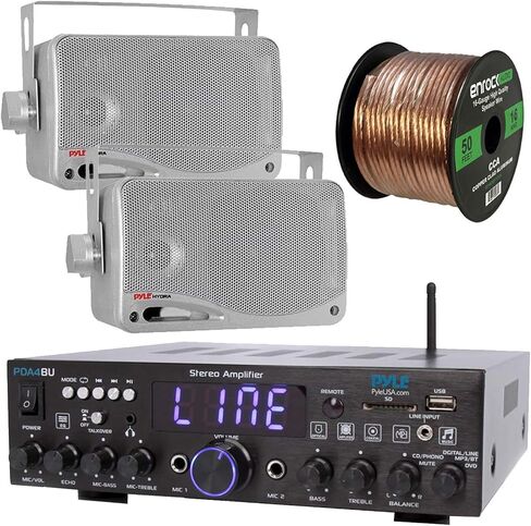 Pyle Wireless Bluetooth Stereo Amplifier-Multi-Channel 200W Amplifier Home Audio Receiver System Bundle Combo with 2x 3.5'' 3-Way Weather Proof Mini Silver Box Speakers, 16 Gauge Speaker Wire in Saudi Arabia