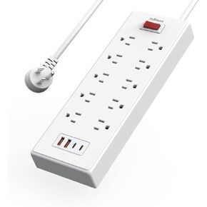 واقي من زيادة التيار الكهربائي مع منافذ USB C، سلك تمديد مسطح بطول 5 أقدام مع منافذ متعددة، 10 منافذ تيار متردد و4 منافذ USB، عالي التحمل، مثبت على الحائط، تحت المكتب للمنزل والمكتب والسكن (أبيض)