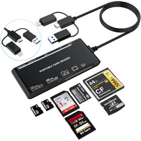 7-in-3 USB C Lightning USB 3.0 Multi Card Reader Universal Memory Card Adapter Hub for iPhone,iPad,MacBook Support SD,CF,Micro SD,XD,MS,TF Compatible with Windows,Mac OS,iOS,Linux,Android