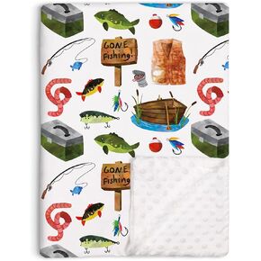 Fishing Baby Blanket for Boys, Gone Fishing Themed Toddler Soft Minky Blanket with Double Layer Dotted Backing, Newborn Nursery Baby Crib Receiving Blanket Fishing Boat Newborn, 30"x40"