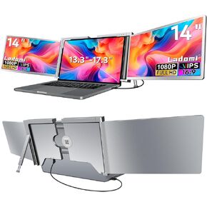 14" Laptop Screen Extender [1 Cable Connect ONLY] [M1/M2/M3] [ USB A/USB C] FHD 1080P Triple Portable Monitor, Dual Screen Monitor Work for Windows, MacOS, for 13.3" -17.3" Laptops - S400 Gray