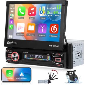 [2+64G] NHOPEEW 7 Inch Automatic Single Din Flip Out Touchscreen Car Stereo - Android 13 Car Radio with Wireless Carplay and Android Auto - WiFi/GPS/Mirror Link/SWC + AHD Backup Camera