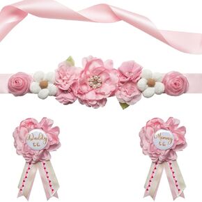 Pink Maternity Sash Set Daddy and Mommy to be Corsage Pin Flowers Baby Shower Souvenir Sash Supplies Gender Reveal Decorations Pregnancy Photography Props（Pink）
