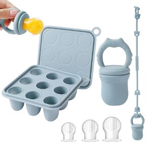 Silicone Baby Frozen Fruit Food Feeder & Baby Food Freezer Tray & Silicone Toy Strap Combo, Breastmilk Popsicle Molds for Teething Baby 3 Months+, BPA Free (Dusty Lilac)