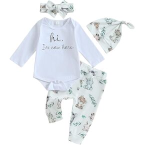 BULINGNA Newborn Baby Boy Girl Hi I'm New Here Clothes Set Bodysuit Romper Animal Pants Headband Hat Baby Coming Home Outfit