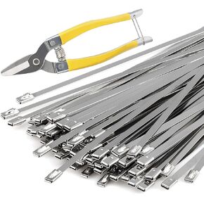 100 Pieces 11.8 Inches Metal Zip Ties 7 Inch Miter Shears Suit，Metal Cutting Shears for Cutting Stainless Steel Cable Ties -Suitable For Gardens, Farms, Chain Link Fences, Vehicles, Etc.…