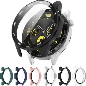 Full Coverage Case with Screen Protector Compatible with Huawei Watch GT4 46mm, PC and Real Glass Protective Case Cover(PC Black)