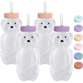 Honey Bear Straw Cups for Babies 4 pack, 8oz straw bear cup with improved safety lid design, honey bear cup and honey bear bottle. Straw learning therapy cup. Leak-Proof & Food-Grade & BPA Free