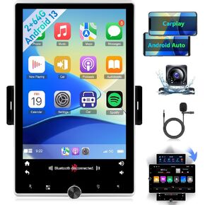 [2+64G] Single Din Android Car Stereo with Wireless Carplay and Android Auto - 10.4 inch Vertical Rotatable Touchscreen Car Radio - EQ/GPS Navigation/WiFi/SWC + AHD Backup Camera