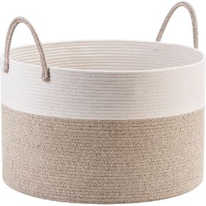 MINTWOOD Design Extra Large 22 x 14 Inches Cotton Rope Blanket Basket Living Room, Woven Laundry Basket, Toy Storage Baskets Bin, Decorative Round Pillow Towel Basket with Handles