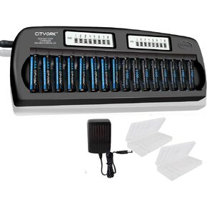 16 Bay AAA Battery Chargers High Speed Charger LCD Display with 16 Pack AAA NiMH/NiCd Rechargeable Batteries