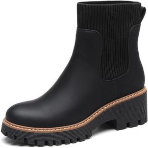 TYNDALL Elastic Chunky Heel Lug Sole Booties Women's Chelsea Platform Ankle Boots