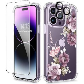 حافظة GVIEWIN لهاتف iPhone 14 Pro مع واقي شاشة وواقي عدسة الكاميرا، غطاء هاتف نسائي صلب مقاوم للصدمات من مادة TPU + غطاء هاتف نسائي ممتص للصدمات لهاتف 14 Pro، 6.1 بوصة (أزهار الكرز/أرجواني) in Kuwait
