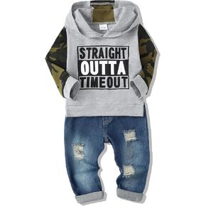 Renotemy 3 4 سنوات من العمر الصبي ملابس الطفل الصبي هوديي الشتاء قمم جرزاية جاكيتات الجينز السراويل الزي مجموعة 3T-4T الصبي الملابس كامو رمادي in Kuwait