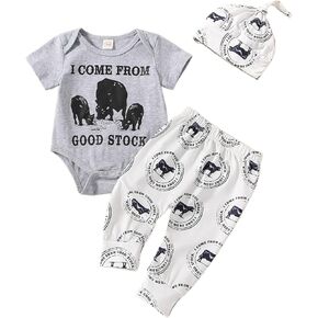 3Pcs Western Newborn Baby Boy Cowboy Clothes New to The Herd Letter Cow Print Bodysuit Jogger Pant Coming Home Outfit (A-Grey, 0-3 Months) in Kuwait