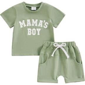 Springcmy Toddler Baby Boy Summer Outfit Set Mama's/Daddy's Boy Short Sleeve T-Shirt +Elasticl Rolled Shorts Clothes Set