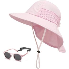 Baby Sun Hat with Sunglasses, UPF 50+ Protection, Adjustable Breathable Wide Brim Beach Hat for Toddler Kids Boys Girls