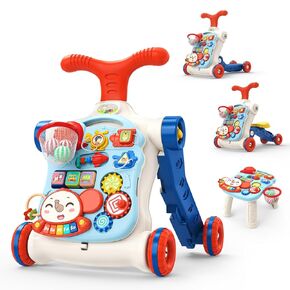 CUTE STONE 5 in 1 Walker for Baby Boy, Sit to Stand Push Walker with Activity Center Learning to Walk, Early Push Walking Toys Gift for Toddler Infant Blue