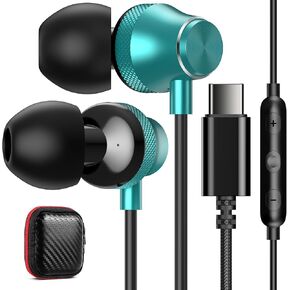 USB C Headphones, Type C Earphones for Samsung Galaxy S20 S21 S22 S23 S24 FE Ultra Apple iPhone 15 Pro Max iPad Magnetic Wired Earbuds Microphone for Android Google Pixel 8 8A 7 7A 6A 6 OnePlus Green
