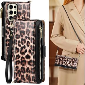 Antsturdy for Samsung Galaxy S24 Ultra Wallet case Women Men【RFID Blocking】,PU Leather Galaxy S24 Ultra Crossbody Phone case Zipper with Wrist Strap Flip Cover Credit Card Holder,Leopard-Brown
