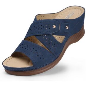 TEMOFON Wedge Sandals for Women Summer: Dressy Low Heel Sandals Black/Navy/White, Comfortable Walking, Arch support, Casual Slip on Summer Shoes, Size 5-11