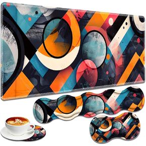 Large Gaming Mouse Pad + Keyboard Wrist Rest + Wrist Support + Coaster Set, Memory Foam Ergonomic for Easy Typing, XXL Extended Gaming Mouse Pad Table Pad - Abstract Geometric Pattern