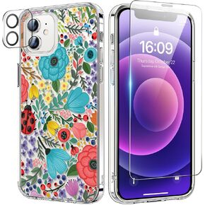 bicol for iPhone 12 Case with Screen Protector and Camera Lens Protector - Fashionable Flower Floral Designs for Women Girls - Shockproof Acrylic Clear Phone Cover 6.1" - Alpaca