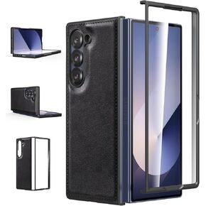 Foluu Case for Samsung Galaxy Z Fold 6, with Front Built-in Screen Protector, PU Leather + Hard PC Shell Ultra Thin Slim Durable Protective Phone Cover for Samsung Galaxy Z Fold6 5G 2024 (Black)
