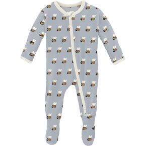 KicKee Print Footie with Zipper, Fitted Long Sleeve Pajamas, Ultra Soft Everyday One-Piece Loungewear, Baby and Kid (Pearl Blue Baby Bumblebee - Newborn)