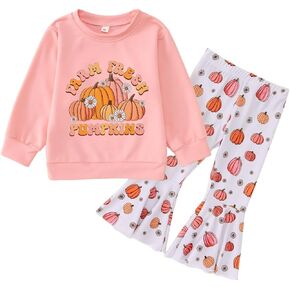 IZYJOY Toddler Girl Halloween Outfit Farm Fresh Pumpkin Crewneck Sweatshirt Flared Pants Set Fall Clothes 2-7 Years