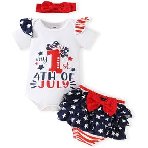 My First 4th Of July Newborn Baby Girl Outfit Letter Print Romper + Stars Stripes Shorts with Headband Shorts Set