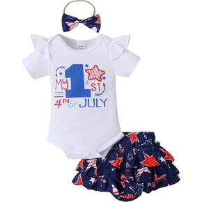 My First 4th Of July Newborn Baby Girl Outfit Letter Print Romper + Stars Stripes Shorts with Headband Shorts Set