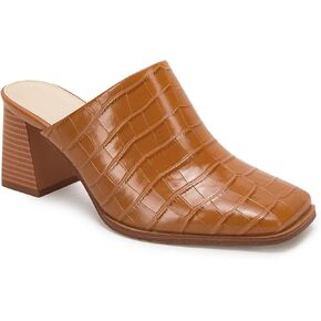 Trish Lucia Womens Chunky Heel Mules Closed Square Toe Heeled Slip on Clogs Casual Backless Loafers Shoes Orange Brown