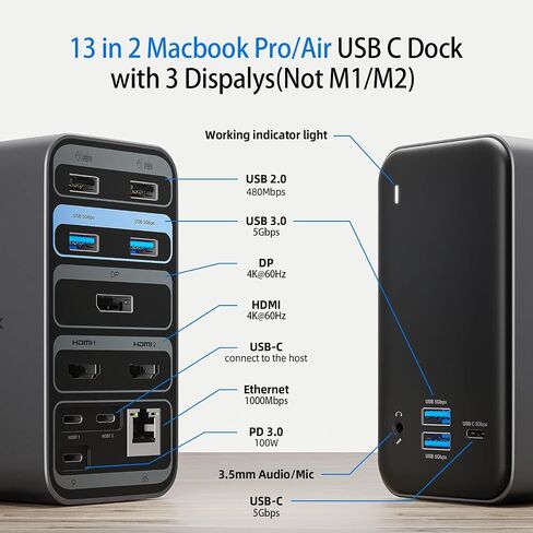 USB C Docking Station, 13-in-2 MacBook Pro/Air Laptop Dock with Triple 4K@60Hz Display Dual HDMI One DP Monitor RJ45 Ethernet 3.5mm Audio Multi USB A/C Ports 3.0 PD 100W Charging in Saudi Arabia