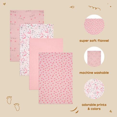 4-Pack Unisex Baby Cotton Flannel Receiving Blankets, One Size Newborn Swaddle Blankets (30 x 30) in Saudi Arabia