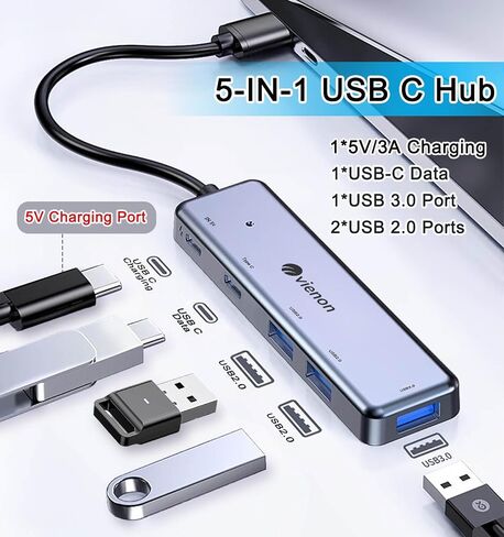 USB C Hub 5 Ports, VIENON Aluminum 5 in 1 USB C Dongle USB C Splitter with USB C Power/Data Ports, USB Extender for MacBook Pro Air iMac Pro, iPad Pro and More Type C Laptop in Saudi Arabia