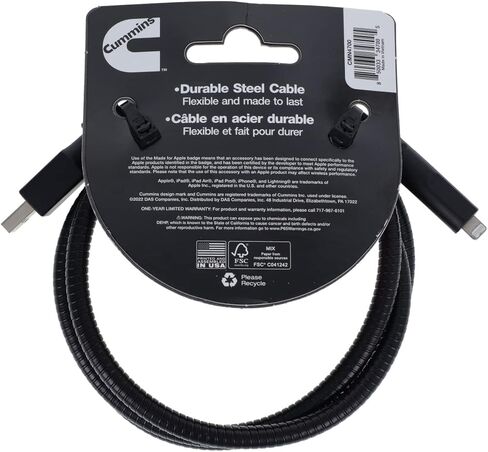 كابل شحن Cummins Lightning(R) إلى USB A CMN4700 سلك شحن فولاذي متين لجهاز iPhone MFi Certified Plus Organizer 4ft - أسود in Kuwait