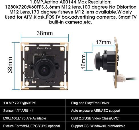 وحدة كاميرا عين السمكة USB ذات زاوية واسعة 720P 60FPS لوحة كاميرا ويب USB للكمبيوتر Mini UVC USB2.0 كاميرا كمبيوتر عالية السرعة USB مع كاميرا HD فيديو كاميرا صناعية Lightburn لأجهزة الكمبيوتر المحمول in Saudi Arabia