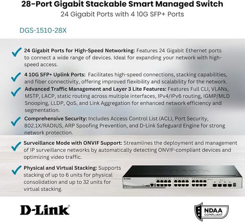 دي لينك 20 منفذ جيجابت محول ذكي مُدار 10 جيجا وصلات | 16 جيجابت + 2 منفذ SFP+ بسرعة 10 جيجابت ومنفذين SFP| L2+/L3 Lite |شبكات VLAN |إدارة الويب |وضع المراقبة| متوافق مع NDAA (DGS-1510-20) in Kuwait