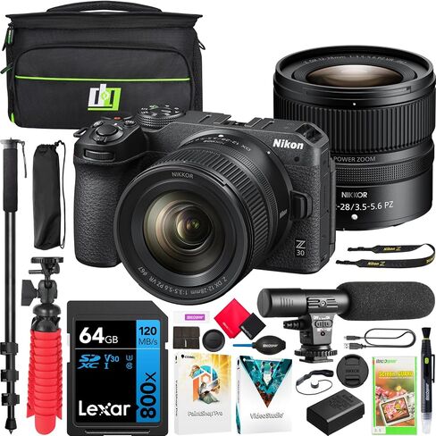 Nikon Z 30 Mirrorless Camera 4K DX Body with NIKKOR 12-28mm F3.5-5.6 PZ VR Lens 1781 Bundle Including Deco Gear Photography Bag + Microphone + Monopod + 64GB Card + Software Kit and Accessories in Saudi Arabia